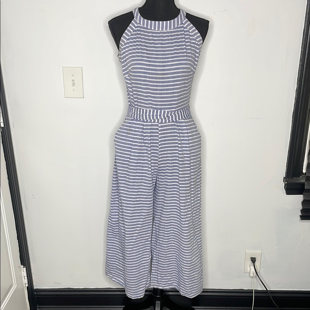 CBR Striped Halter Jumpsuit in Blue and White with waist tie - Picture 3 of 12